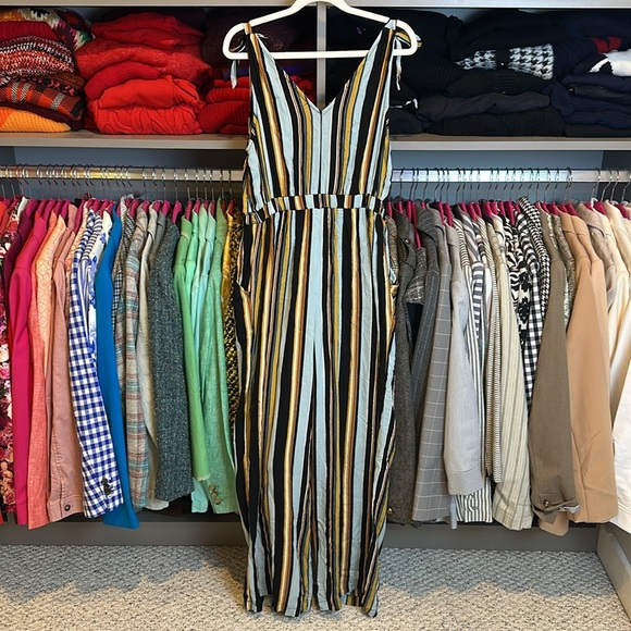 Xhilaration blue/black/brown striped sleeveless button front jumpsuit size S - Picture 3 of 3